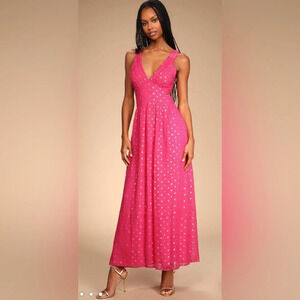 Lulus Dots and Wishes Hot Pink Polka Dot Cutout Maxi Dress Size Small NWT